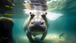 Hippopotamus walking towards the camera underneath a savannah pond. Generative AI.