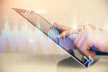 Aufkleber - Multi exposure of man's hands holding and using a digital phone and forex graph drawing. Financial market concept.
