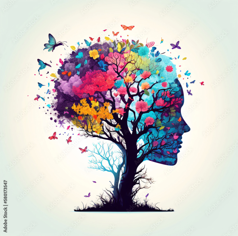 Ai Generated, Human brain tree with flowers and butterflies, idea ...