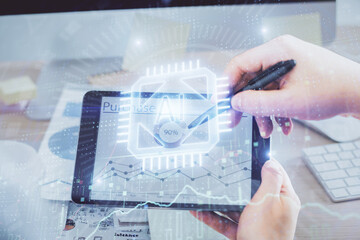 Fototapete - Multi exposure of man's hands holding and using a digital device and data theme drawing. Innovation concept.
