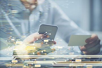 Fototapete - Multi exposure of man's hands holding and using a digital device and data theme drawing. Innovation concept.