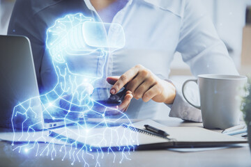 Poster - Double exposure of man in vr glasses sketch hologram and woman holding and using a mobile device.