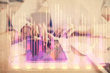Aufkleber - Double exposure of forex chart sketch hologram and woman holding and using a mobile device. Financial market concept.