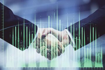 Poster - Double exposure of forex graph hologram and handshake of two men. Stock market concept.