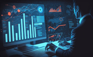 Poster - analyst analyzing data and producing reports for executives and strategic choices on company analyti