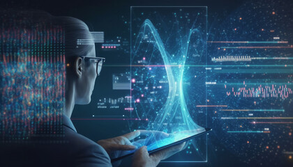 Aufkleber - data science and big data technology. data scientists are using virtual screens to query, analyze, a