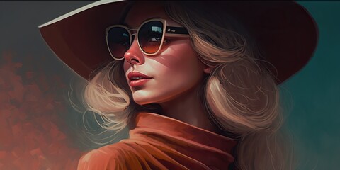 woman wearing oversized sunglasses and floppy hat evoking the glamour and sophistication of 70s fashion icons, concept of Retro Glamour and Fashion Iconography, created with Generative AI technology