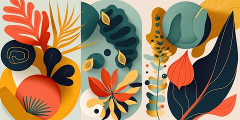 Wall Mural - flatlay of abstract illustrations and designs inspired by nature and organic forms in bright and bold colors, created with Generative AI technology