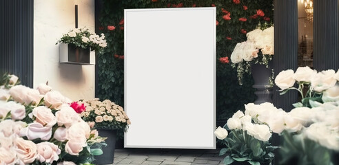 street outdoor view of a generic flower or roses shop display welcome window with blank clean signboard mockup - Generative AI