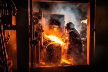 Poster - molten metal processing in hot furnace at foundry double exposure, created with generative ai