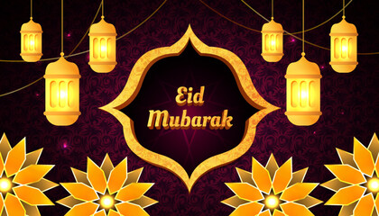 Wall Mural - Illustration banner for eid mubarak with lantern lights and golden flowers