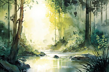 Poster - a stunning watercolor forest scene featuring a tranquil pond, swaying trees, and rays of sunlight peeking through the canopy., created with generative ai