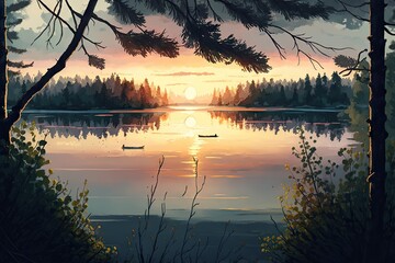 Poster - a tranquil lake surrounded by lush greenery and tall trees, with a stunning watercolor sunset in the background., created with generative ai