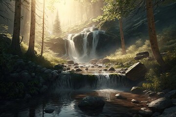 Poster - a tranquil waterfall set in a forested landscape, with the sun peeking through the trees., created with generative ai