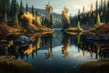 Poster - a still lake surrounded by a lush forest in the fall, created with generative ai