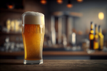 Wall Mural - Glass of Light Draft Beer With Foam on the Bar Counter: AI Generated Image