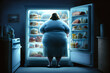A very fat woman looks into an opened fridge, concept of Obesity and Curiosity, created with Generative AI technology