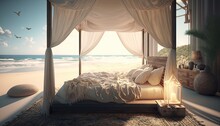 A Bedroom Setup On A White Sandy Beach, With A Breezy Canopy Bed, Woven Rugs, And A Dreamy Ocean View. HD, Realistic, Soft Lighting. Generative Ai


