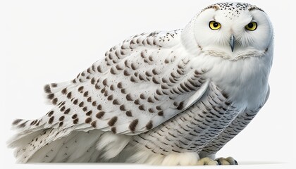 A regal snowy owl with piercing eyes perched on a white background. The warm lighting emphasizes the owl's majestic appearance and wise demeanor. Isolated on a white background. generative ai


