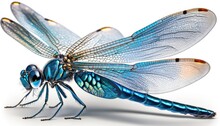 A Striking Blue Dragonfly With Shimmering Wings Perched On A White Background. The Bright Lighting Highlights The Dragonfly's Metallic Sheen And Intricate Wings. White Background. Generative Ai