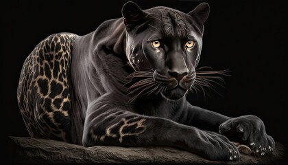 Wall Mural - a sleek black panther crouching on a black background. the sharp lighting accentuates the panther's 