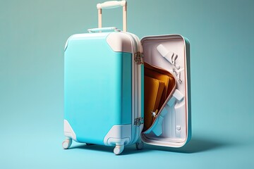 Poster - picture of an open, empty luggage on a blue background. generative ai