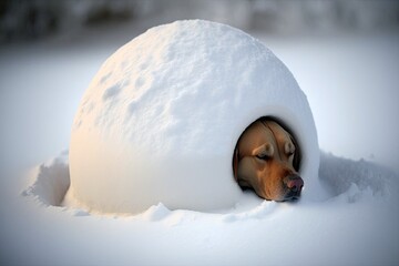 Canvas Print - an igloo dog sleeping in the snow. Generative AI