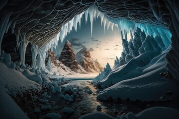 Poster - a frozen cavern filled with glistening icicles, creating a beautiful winter landscape., created with generative ai