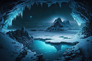 Sticker - a frozen subterranean lake with a mysterious blue glow, surrounded by ancient rock formations., created with generative ai