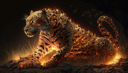 Wall Mural - portrait of a leopard full of smoke and fire. created with generative ai.