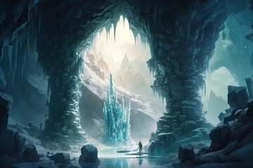 Wall Mural - a frozen cavern with an underground lake, surrounded by ice sculptures and icicles., created with generative ai