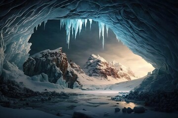 Sticker - a frozen cave with icicles hanging from the ceiling, creating a beautiful scene, created with generative ai