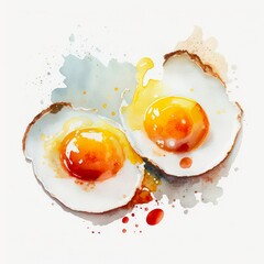 Wall Mural - Watercolor illustration of two fried eggs on white background. Generative AI art.