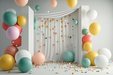 Sticker - Concepts and ideas for celebratory party settings, set against a white backdrop with bright confetti and streamers. Planar arrangement. Generative AI