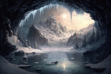 Sticker - a frozen cave with a lake in the middle, surrounded by icicles and glistening ice., created with generative ai