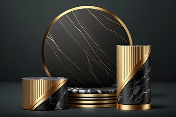 Sticker - Luxury abstract design with golden lines on a black and dark gray product display flat lay podium cylinder stand Cosmetic product decorations; above, little background. Generative AI