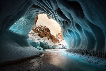 Poster - a frozen cavern with a river running through it, creating beautiful ice formations and natural sculptures., created with generative ai