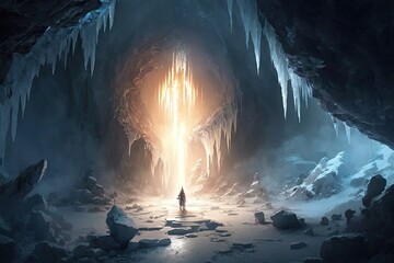 Canvas Print - a frozen cavern with icicles hanging from the ceiling, reflecting light from a torch, created with generative ai