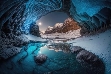 Canvas Print - a frozen cavern with a river running through it, creating beautiful reflections., created with generative ai