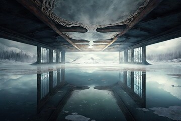 Sticker - a frozen lake with a view of the cavernous ceiling overhead, reflecting in the still water., created with generative ai