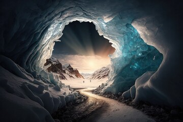 Poster - a frozen cavern, illuminated by a beam of light streaming through a hole in the ceiling., created with generative ai