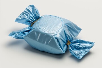 Poster - A piece of candy in a blue wrapper, photographed alone on white. Generative AI