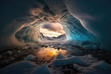 Poster - a frozen cave illuminated by a single ray of sunlight that shines through an opening in the ceiling., created with generative ai