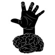 Hand with clenched fingers emerging from human brain. Creative concept. Aggressive ideas. Black and white silhouette.