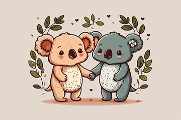 Sticker - illustration of a lovely koala mascot holding hands. Generative AI