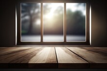 Background Of A Wooden Table And A Glass Window In A Building. Useful As A Visual Layout Background In A Montage, Especially For Displaying Products. Generative AI