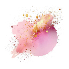 Pink watercolor splash blot splatter stain with gold glitters. Rose pink elegance watercolor brush stroke. Beautiful trendy textured hand drawn vector illustration. For design. Isolated on white