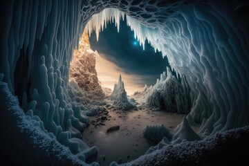 Poster - a frozen cave with stalactites and stalagmites, creating an otherworldly atmosphere., created with generative ai