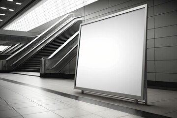 Poster - horizontal large blank poster in a public area. ad mockup near an escalator in a public building, su