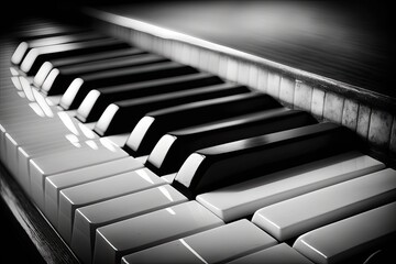 Poster - close up of a black and white piano keyboard, aimed at a musician. generative ai